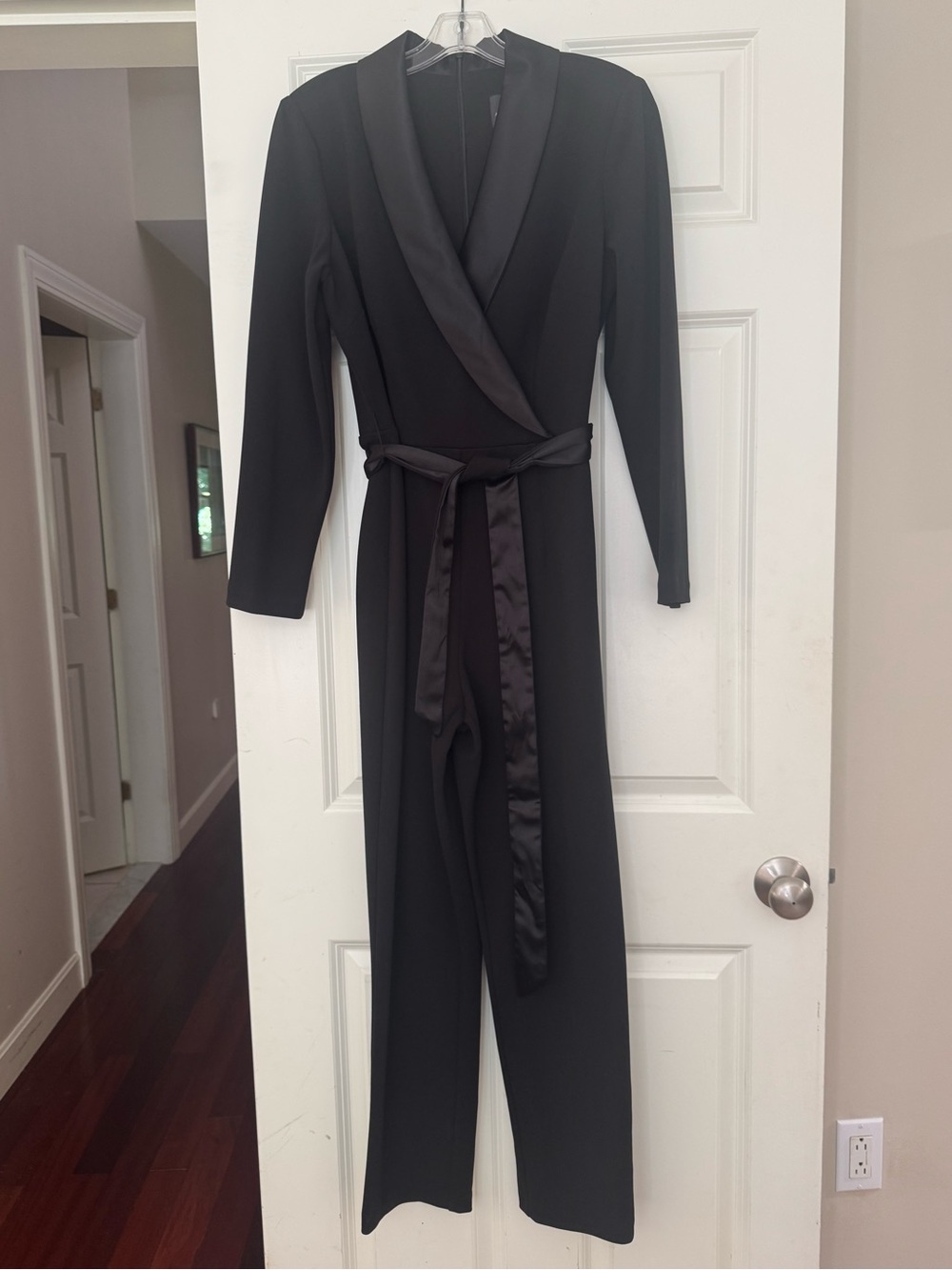 Adrianna Papell Black Satin-Trim Jumpsuit with Tie Belt - Picture 2 of 7